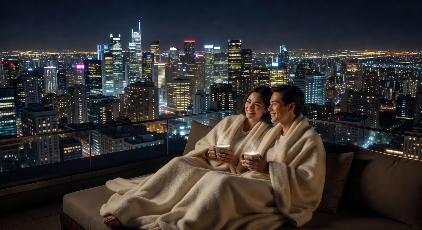 夜のテラスでリラックスするカップル